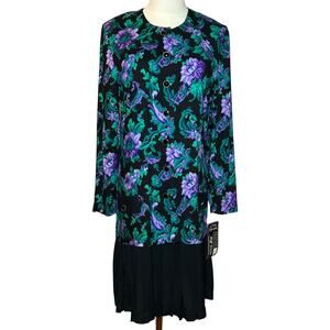 NWT Vtg 90s Petite Jazz Rayon Digital Pixel Floral Drop Waist Pleated Dress 10